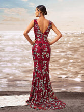 Floral V-neck Sequin Mermaid Prom Dress